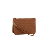 Woven triple compartment convertible clutch crossbody wristlet