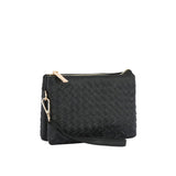 Woven triple compartment convertible clutch crossbody wristlet