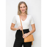 Woven triple compartment convertible clutch crossbody wristlet