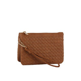 Woven triple compartment convertible clutch crossbody wristlet