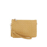 Woven triple compartment convertible clutch crossbody wristlet
