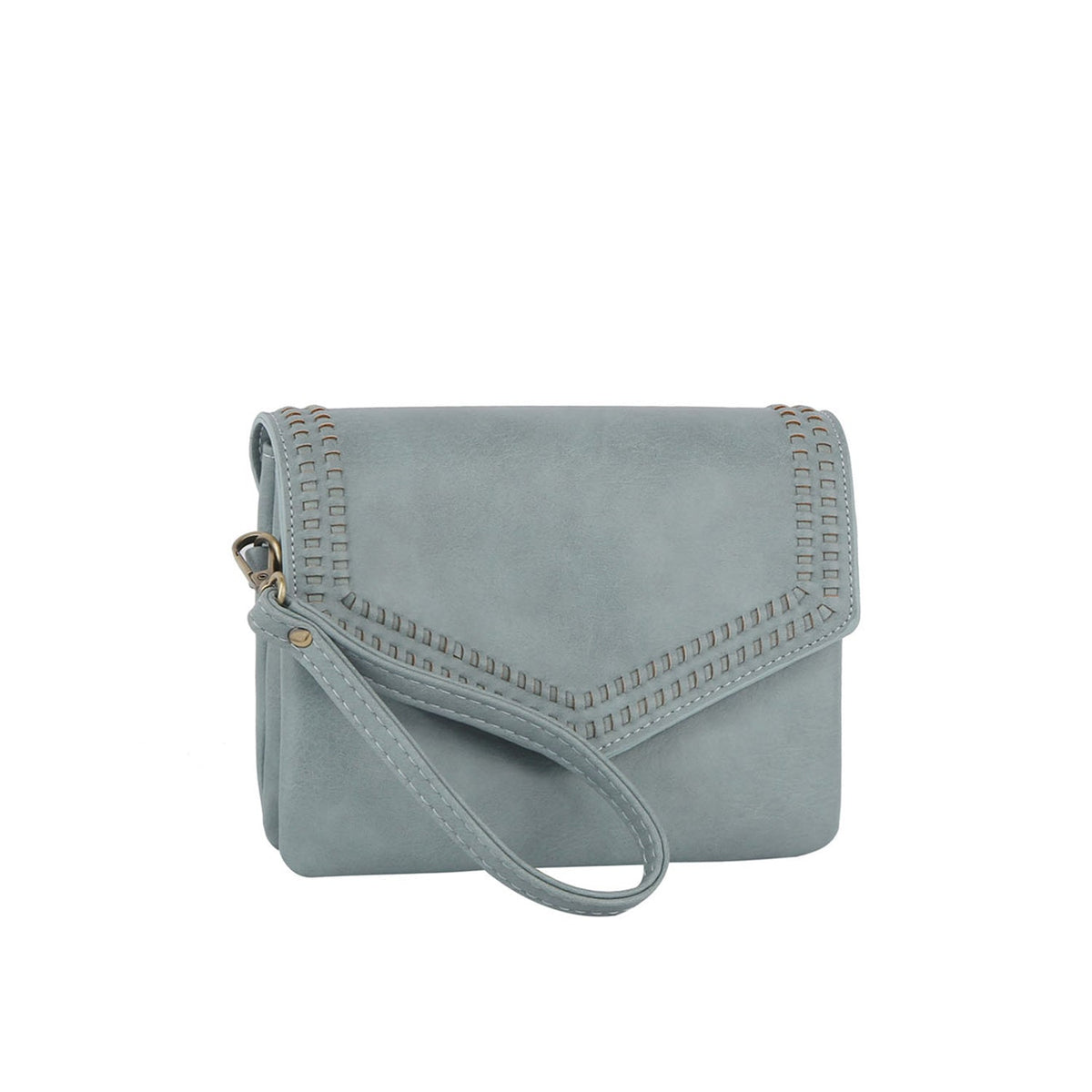 Front flap tripe compartment convertible clutch crossbody wristlet