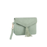 Tassel Front flap tripe compartment convertible clutch crossbody wristlet